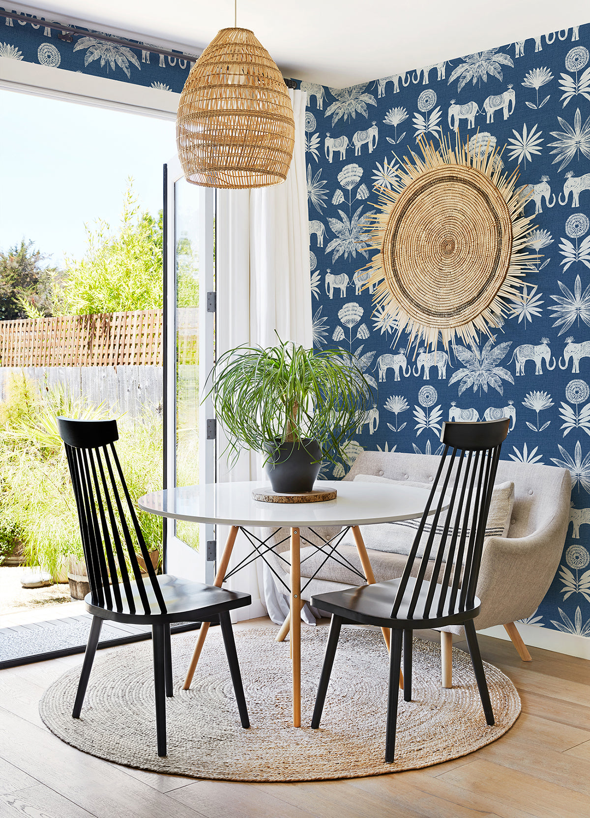 Bazaar Blue Elephant Oasis Wallpaper  | Brewster Wallcovering - The WorkRm