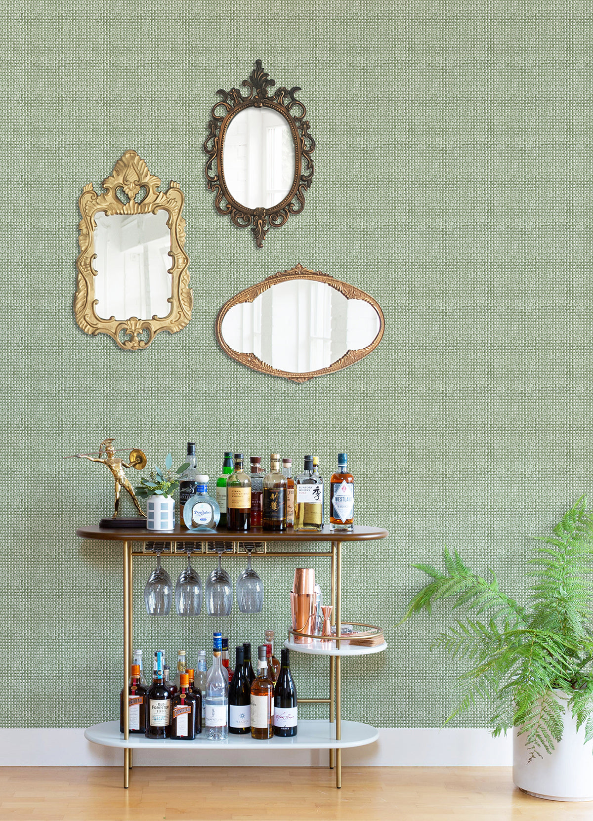 Zia Green Basketweave Wallpaper  | Brewster Wallcovering