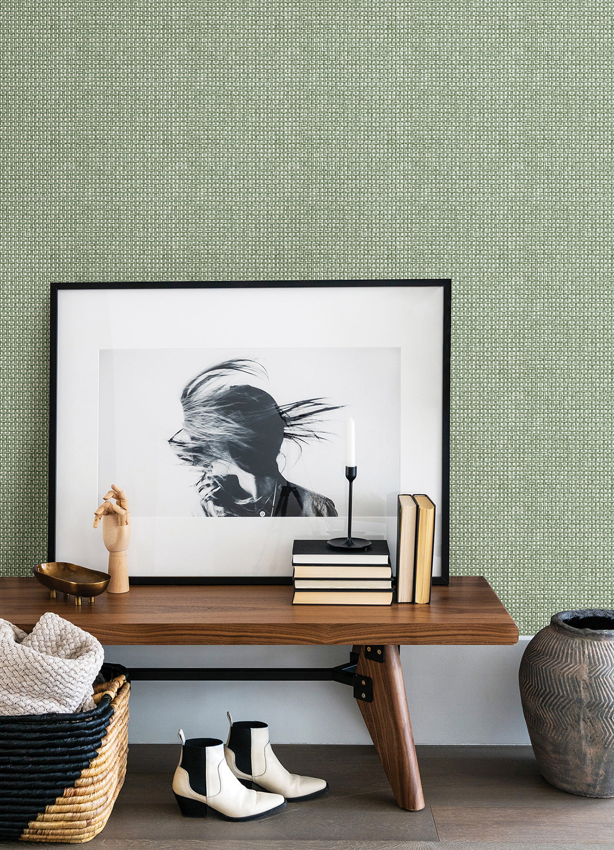 Zia Green Basketweave Wallpaper  | Brewster Wallcovering