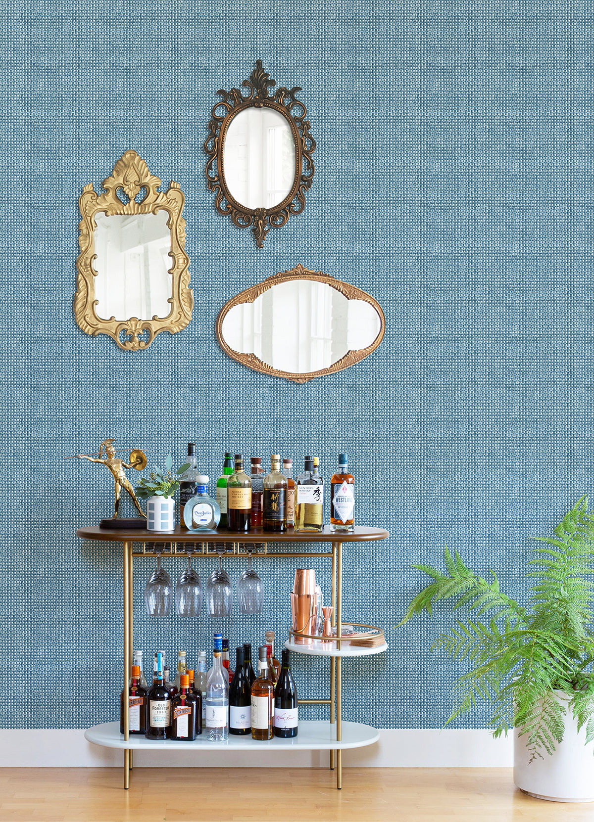 Zia Blue Basketweave Wallpaper  | Brewster Wallcovering