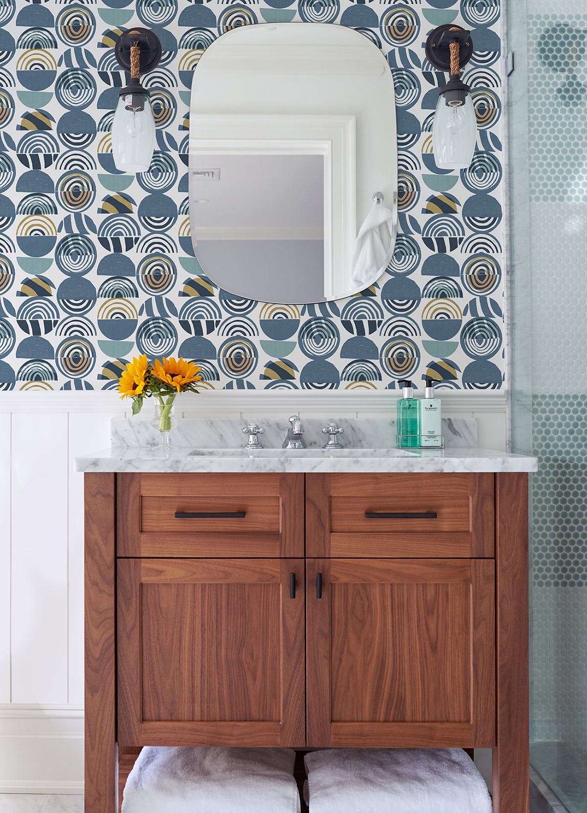 Mahe Blue Mod Geometric Wallpaper  | Brewster Wallcovering - The WorkRm