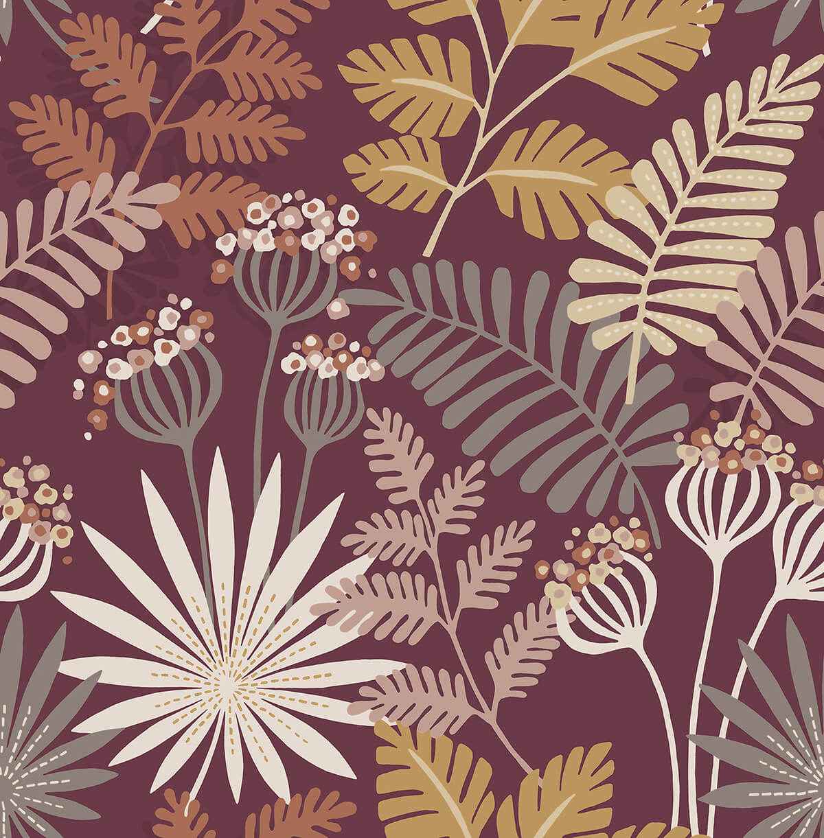 Praslin Merlot Botanical Wallpaper - York Wallcoverings - 4014-26449