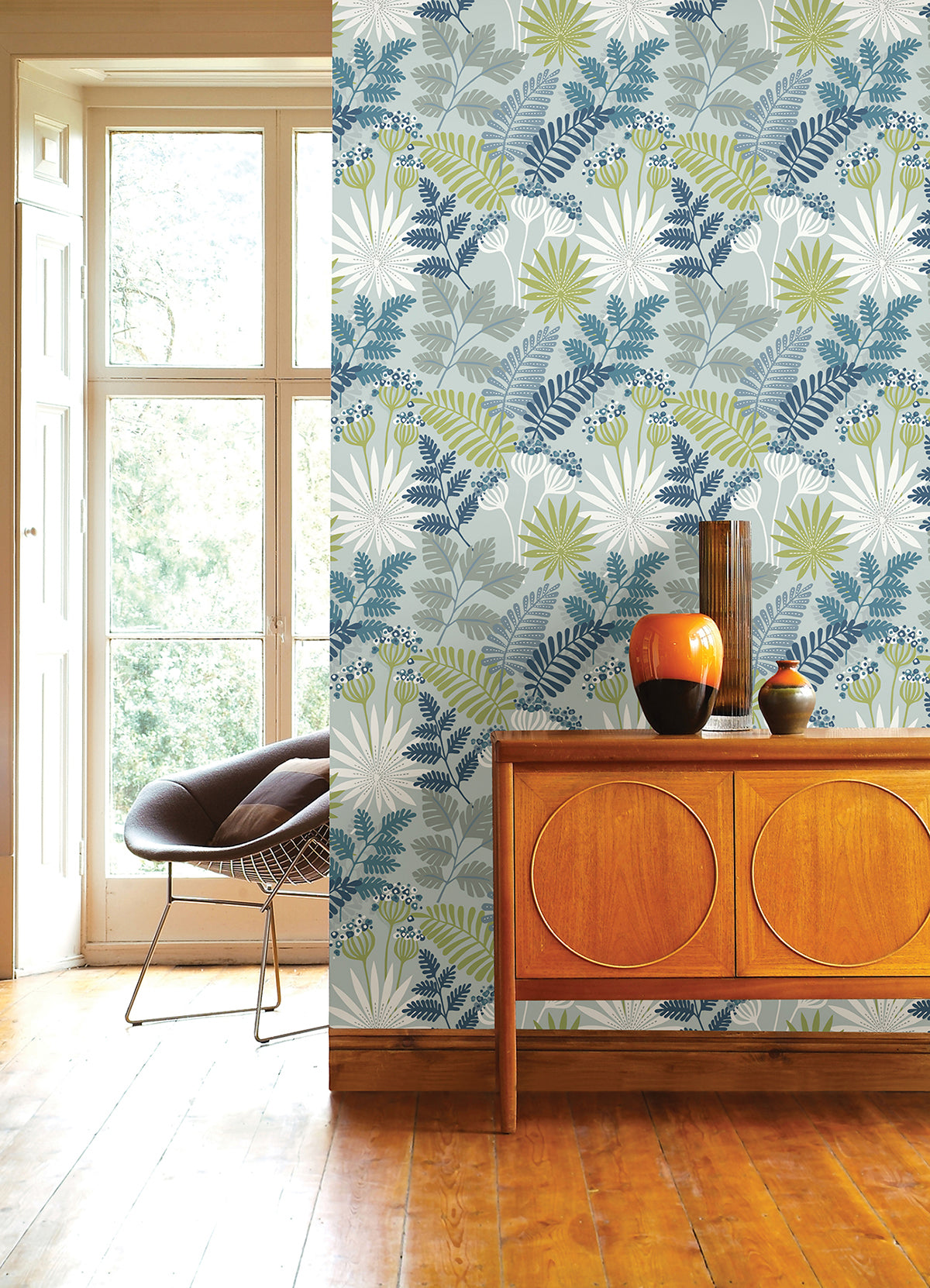 Praslin Sky Blue Botanical Wallpaper - Brewster Wallcovering