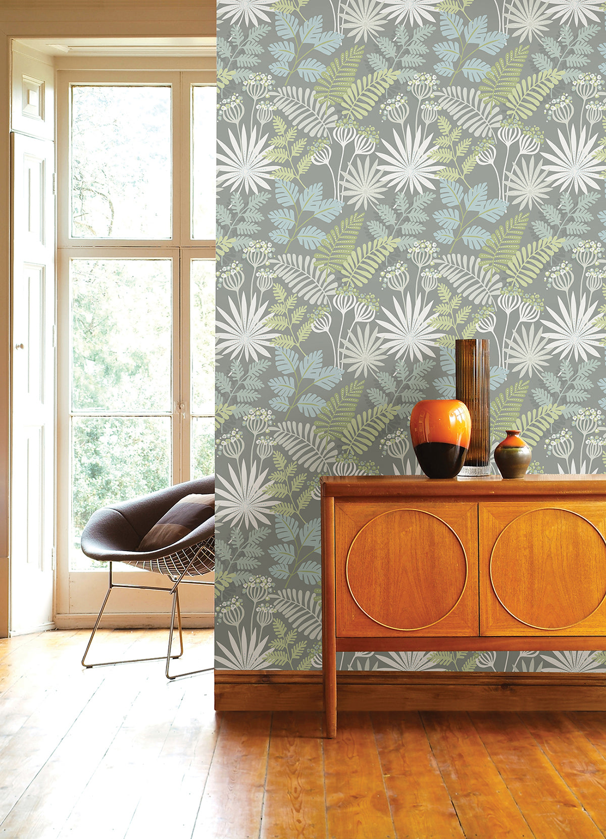 Praslin Grey Botanical Wallpaper - Brewster Wallcovering