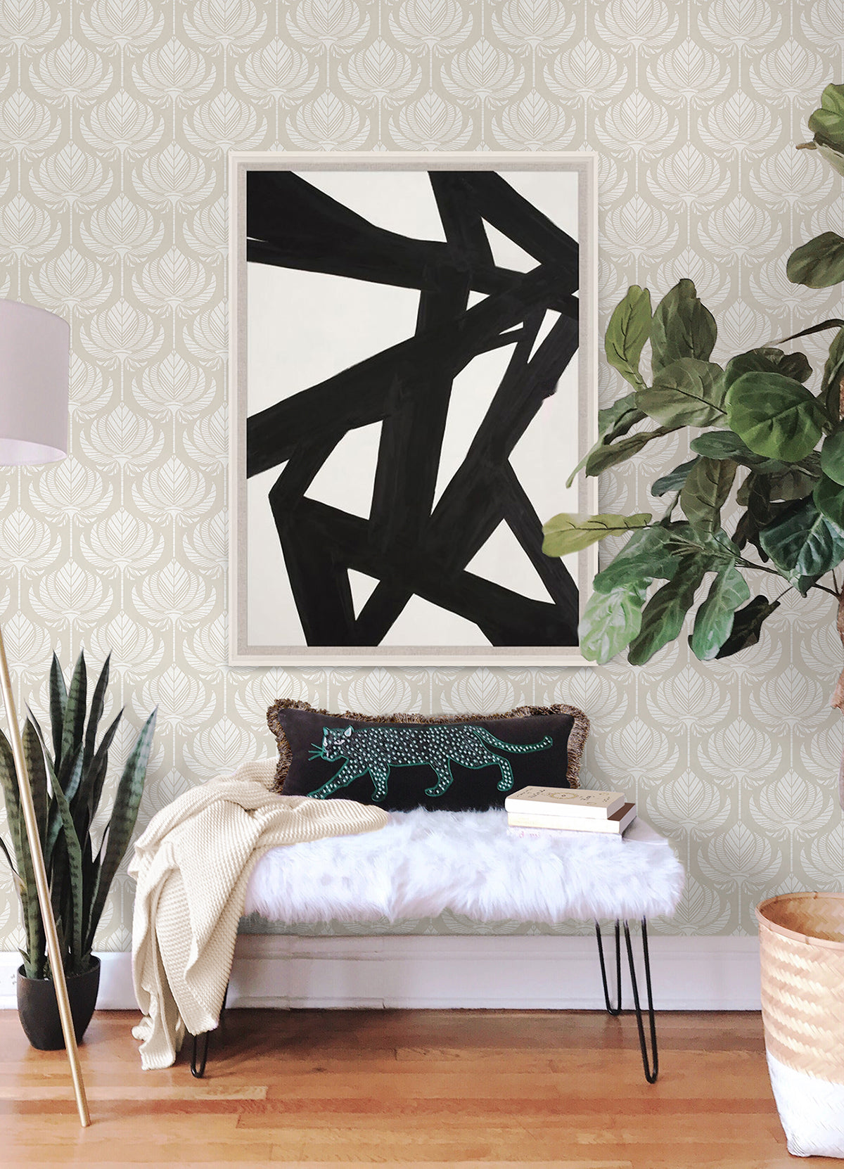 Palmier Light Grey Lotus Fan Wallpaper  | Brewster Wallcovering - The WorkRm