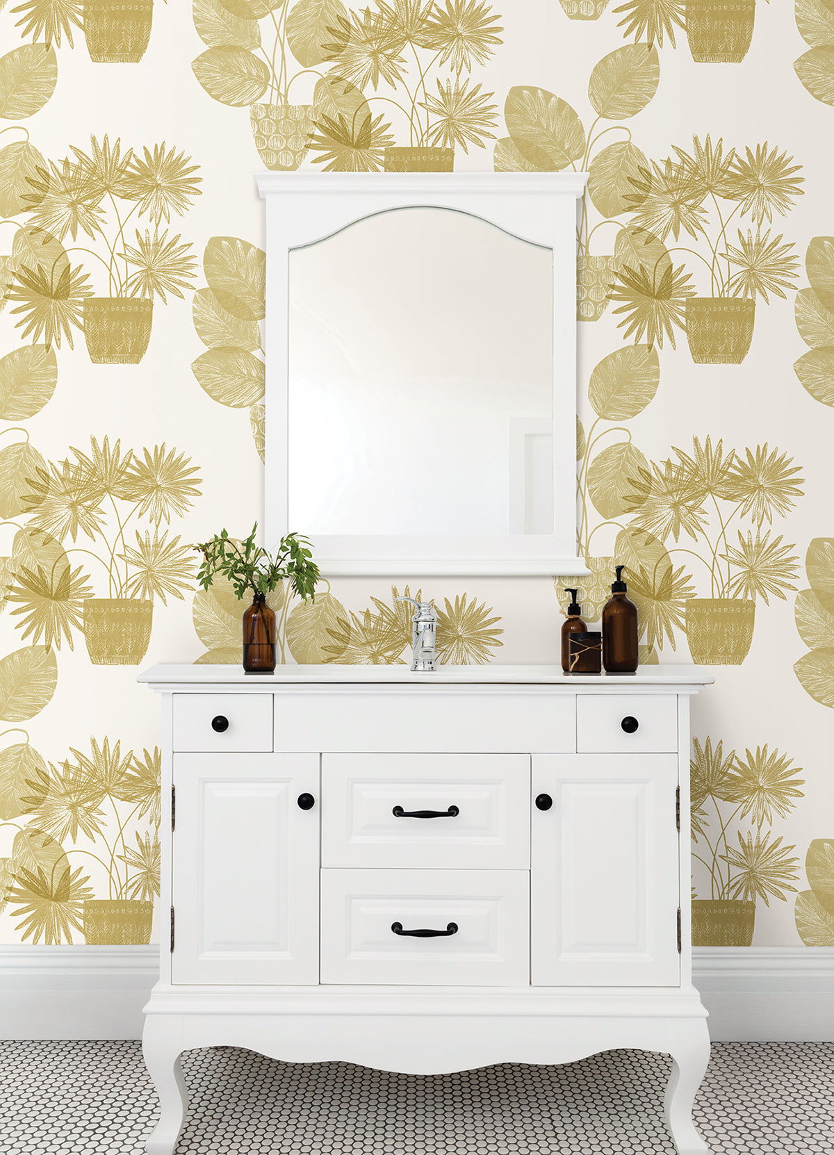 Aida Gold Potted Plant Wallpaper - Brewster Wallcovering