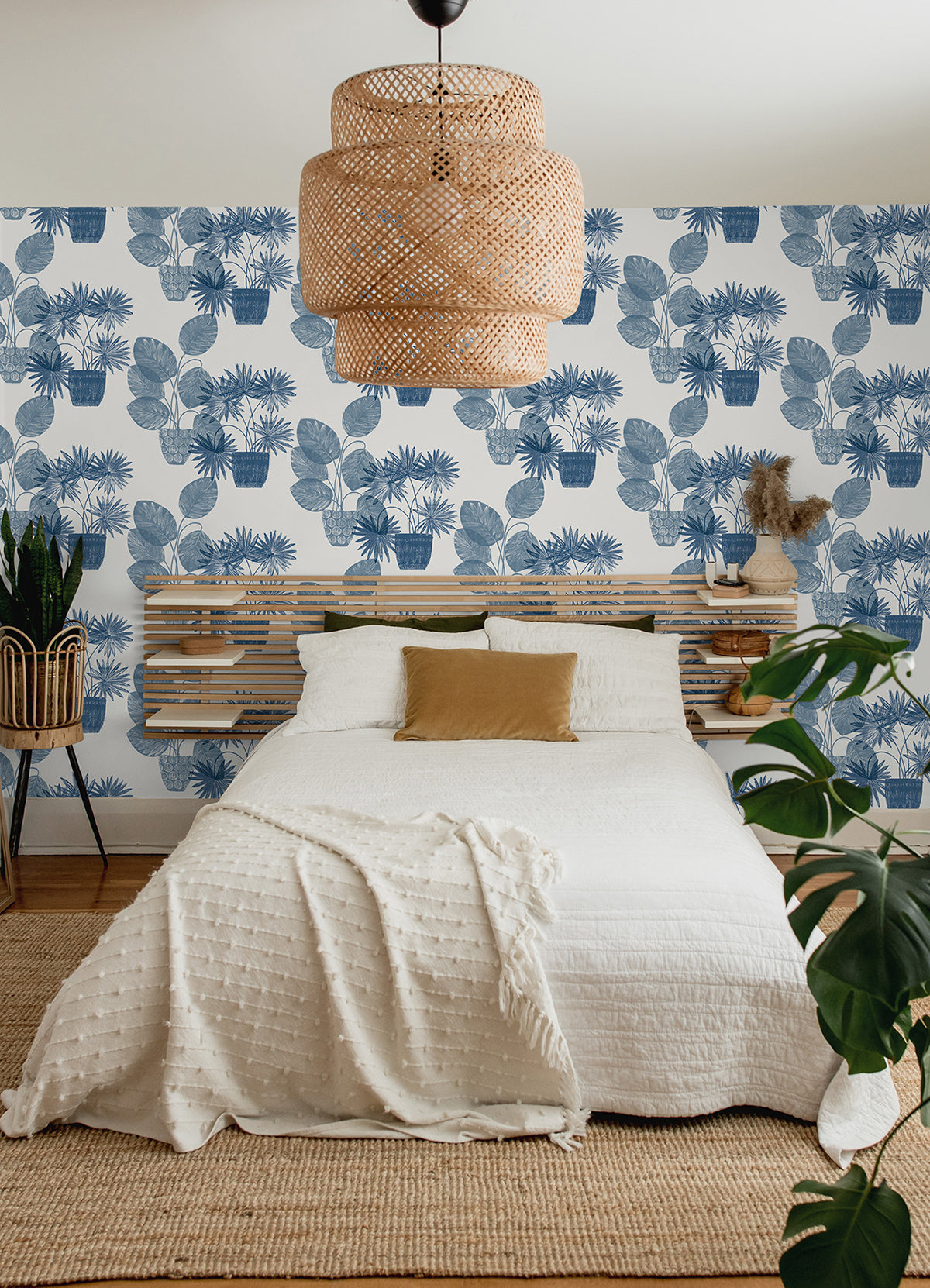 Aida Blue Potted Plant Wallpaper - Brewster Wallcovering