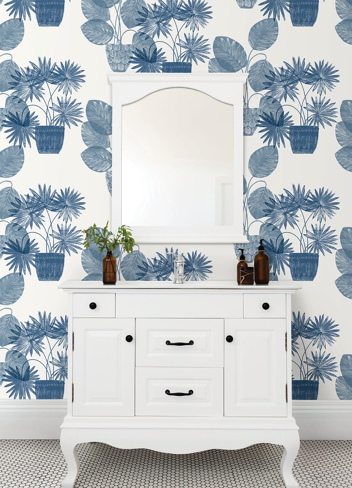 Aida Blue Potted Plant Wallpaper  | Brewster Wallcovering - The WorkRm