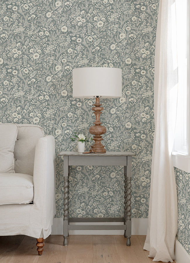 Agathon Blue Floral Wallpaper  | Brewster Wallcovering - The WorkRm