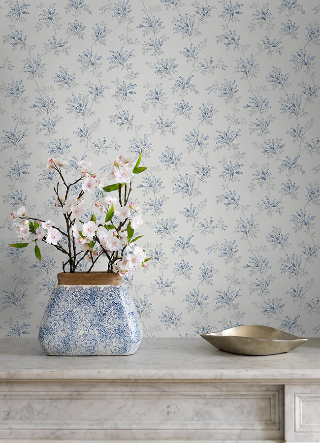 Sofiane Blue Botanical Trail Wallpaper  | Brewster Wallcovering - The WorkRm