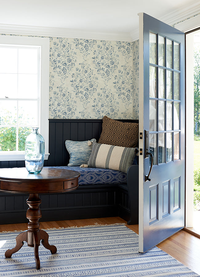 Isidore Blue Scroll Wallpaper  | Brewster Wallcovering