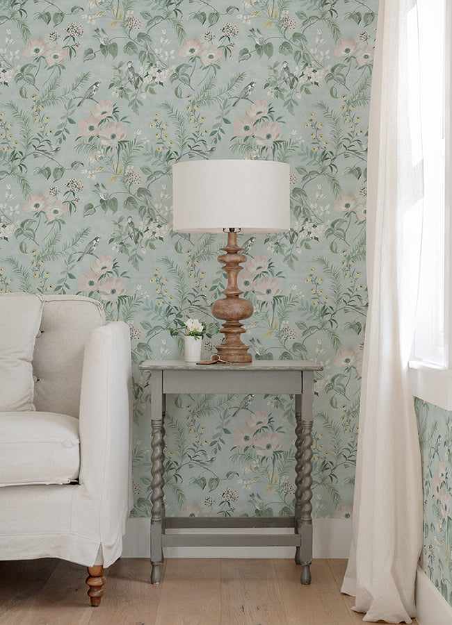 Frederique Mint Floral Wallpaper  | Brewster Wallcovering - The WorkRm