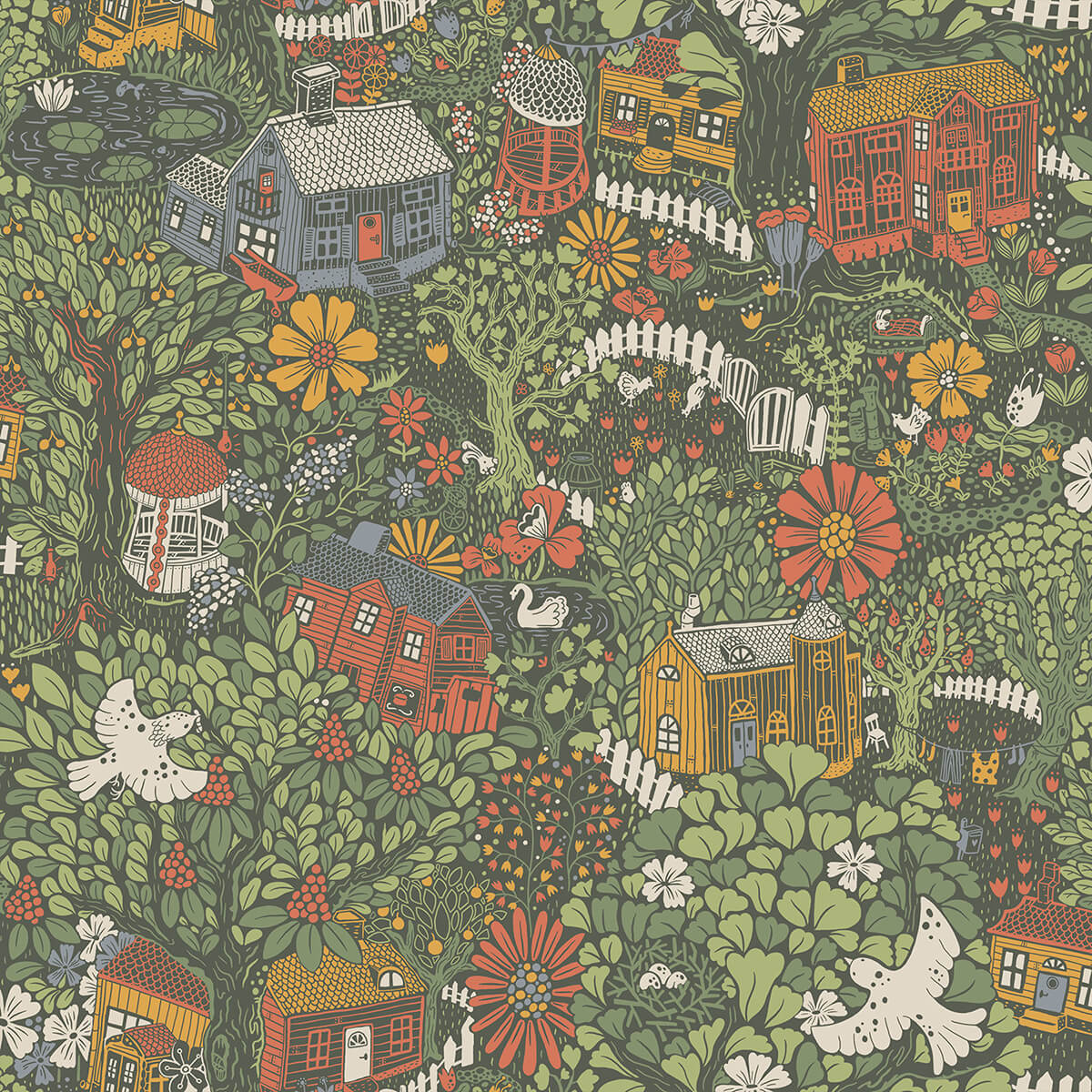 bygga-bo-green-woodland-village-wallpaper-york-wallcoverings-4111-63003 - York Wallcoverings Papel pintado