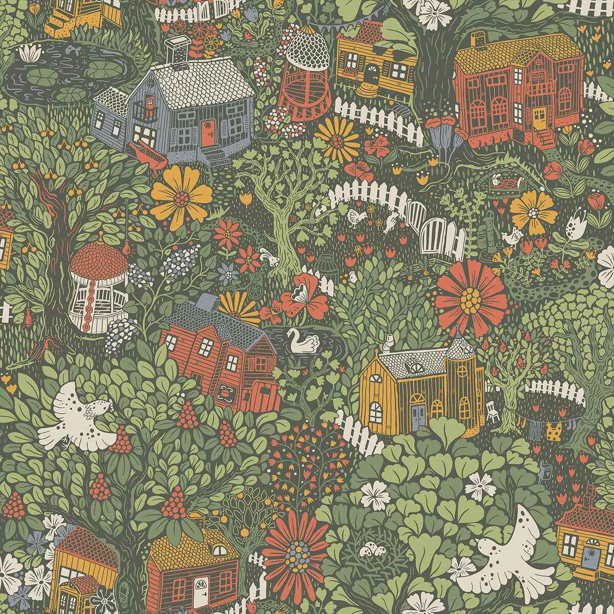 Bygga Bo Green Woodland Village Wallpaper - York Wallcoverings - 4111-63003