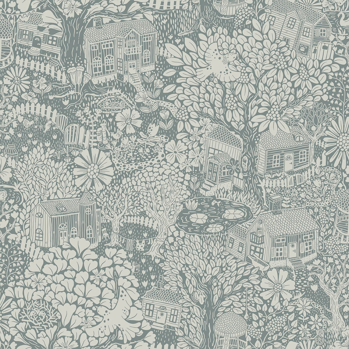 bygga-bo-blue-woodland-village-wallpaper-york-wallcoverings-4111-63005 - York Wallcoverings Papel pintado
