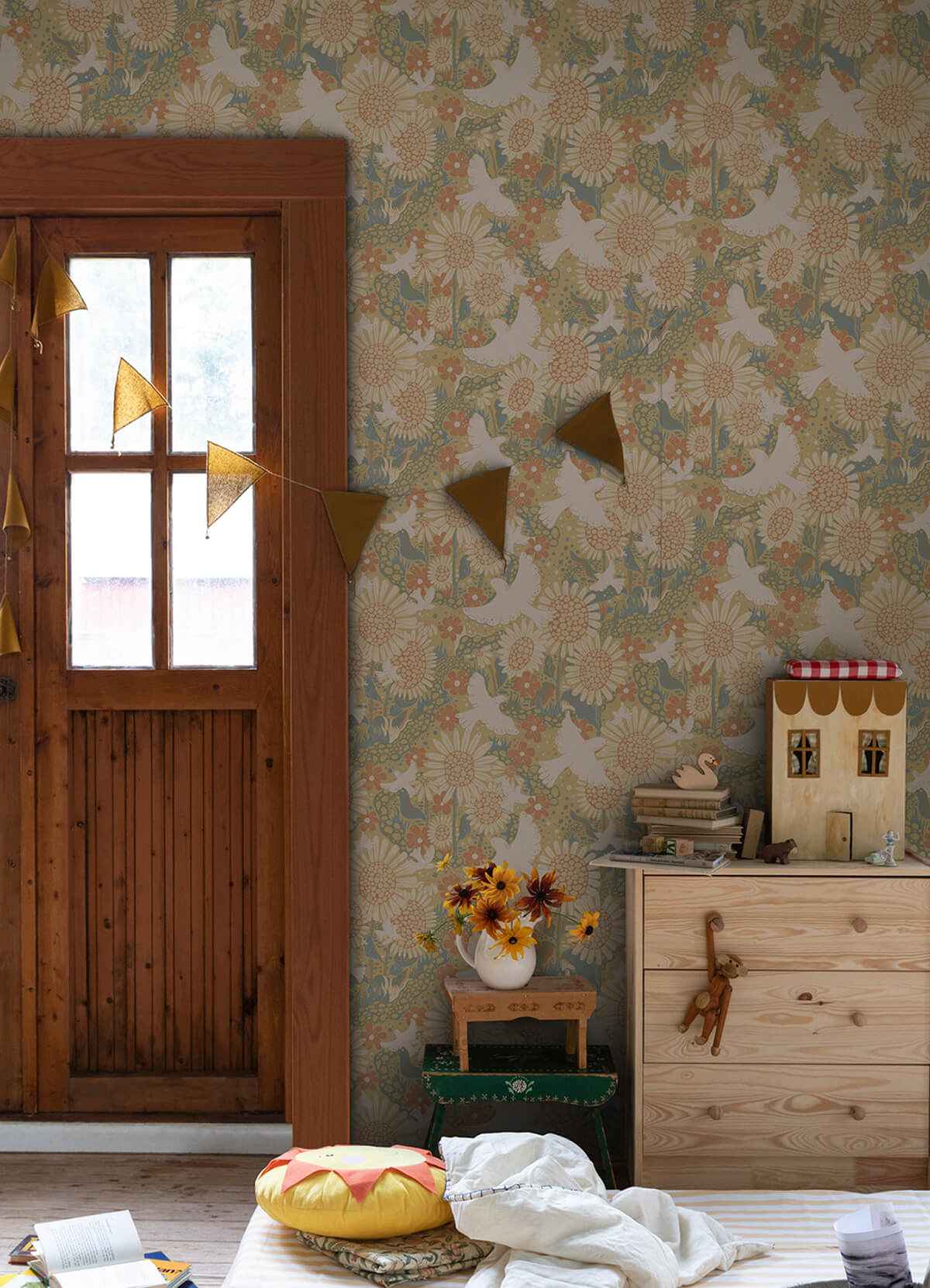 Drömma Coral Songbirds and Sunflowers Wallpaper - York Wallcoverings - 4111-63008 - York Wallcoverings Wallpaper