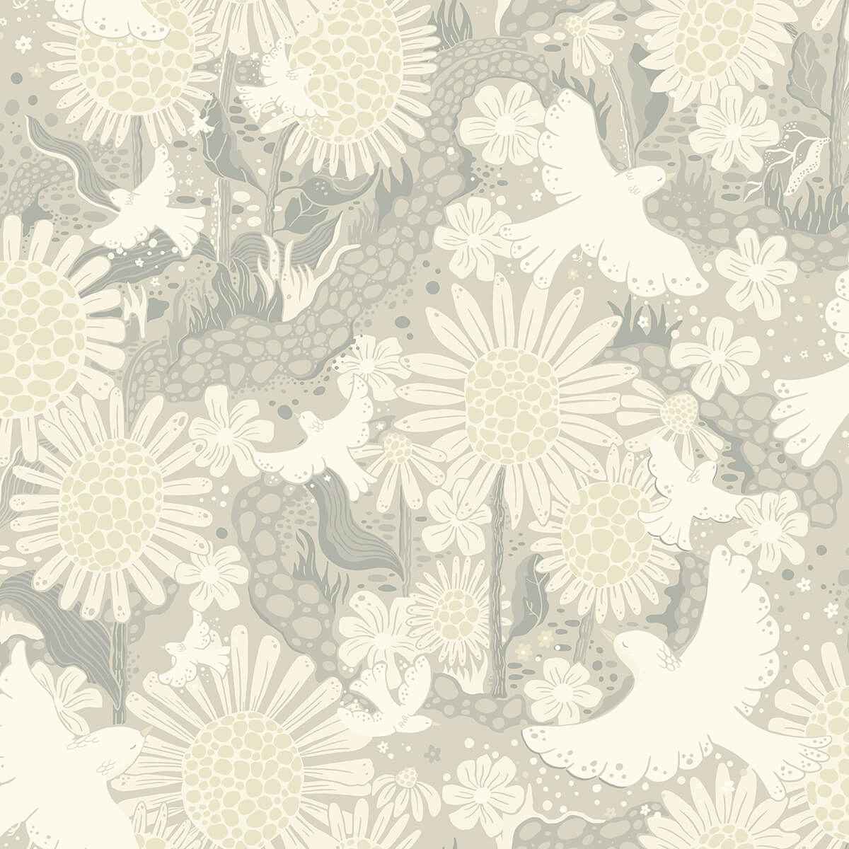 Drömma Light Grey Songbirds and Sunflowers Wallpaper - York Wallcoverings - 4111-63011 - York Wallcoverings Wallpaper