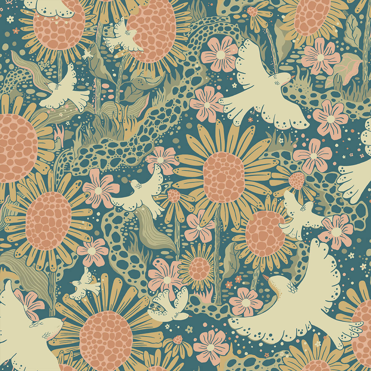 drmma-teal-songbirds-and-sunflowers-wallpaper-york-wallcoverings-4111-63007 - York Wallcoverings Papel pintado