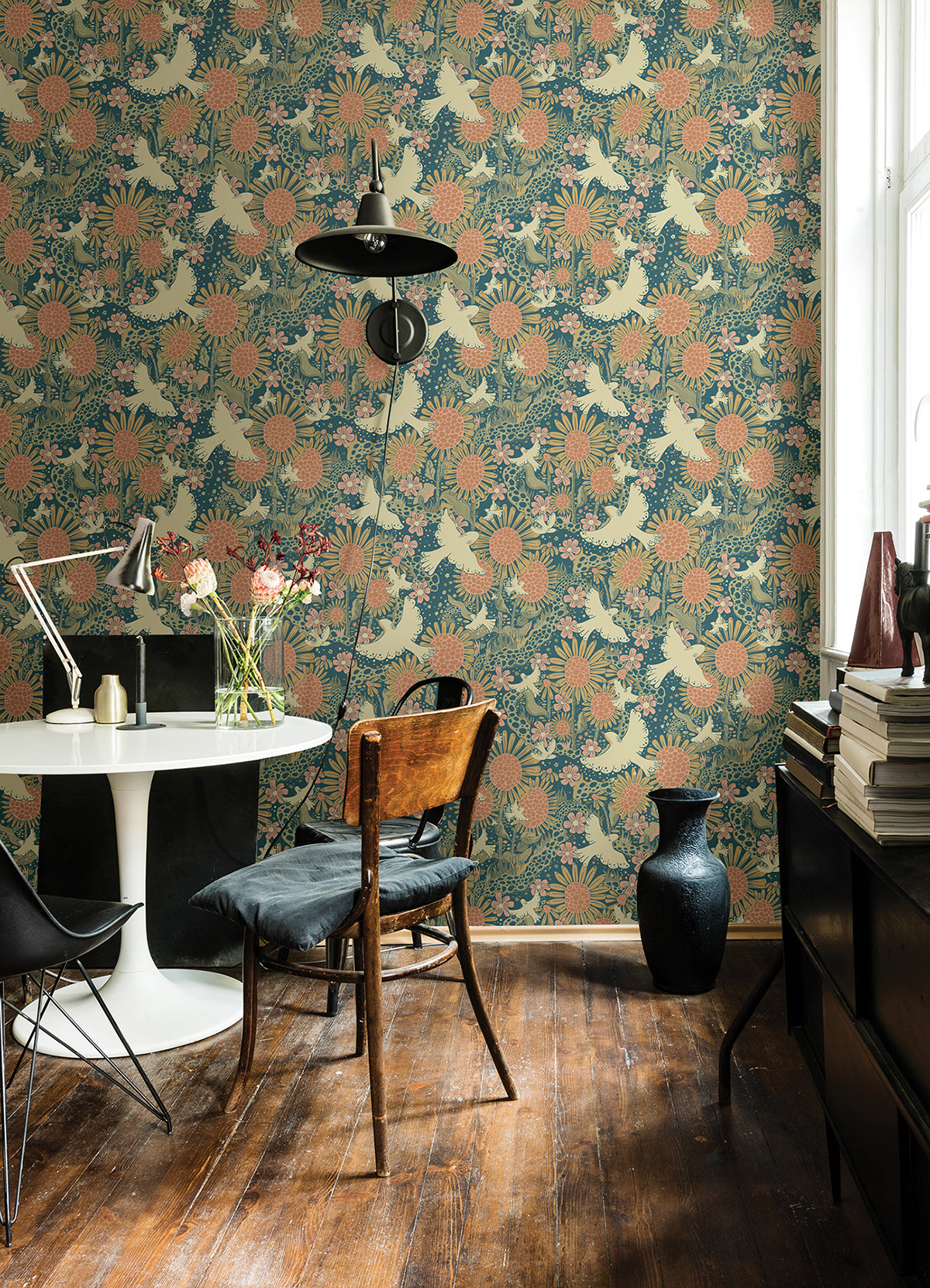 Drömma Teal Songbirds and Sunflowers Wallpaper - Brewster Wallcovering