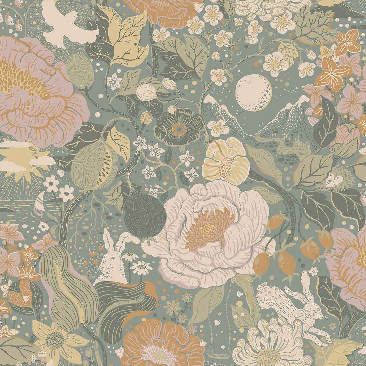 Växa Slate Rabbits & Rosehips Wallpaper - York Wallcoverings - 4111-63016