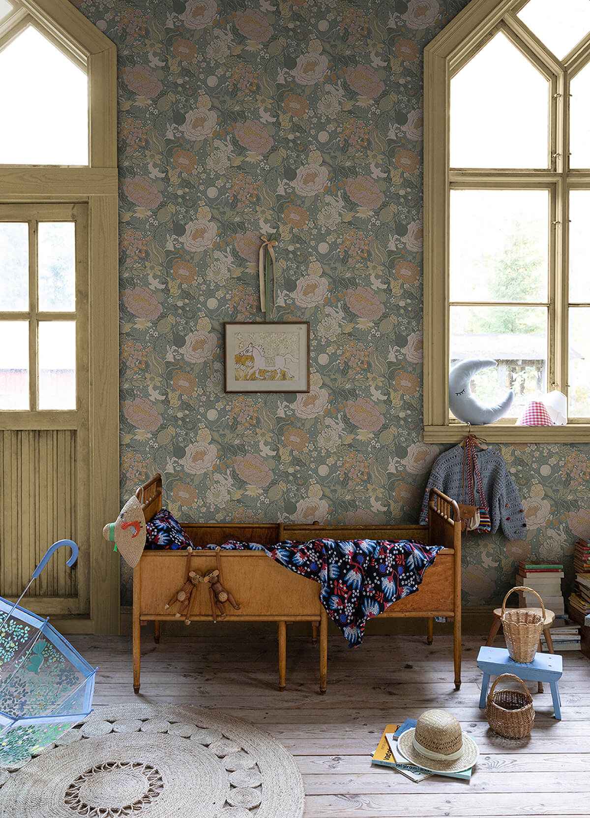 Växa Slate Rabbits & Rosehips Wallpaper - York Wallcoverings - 4111-63016 - York Wallcoverings Wallpaper