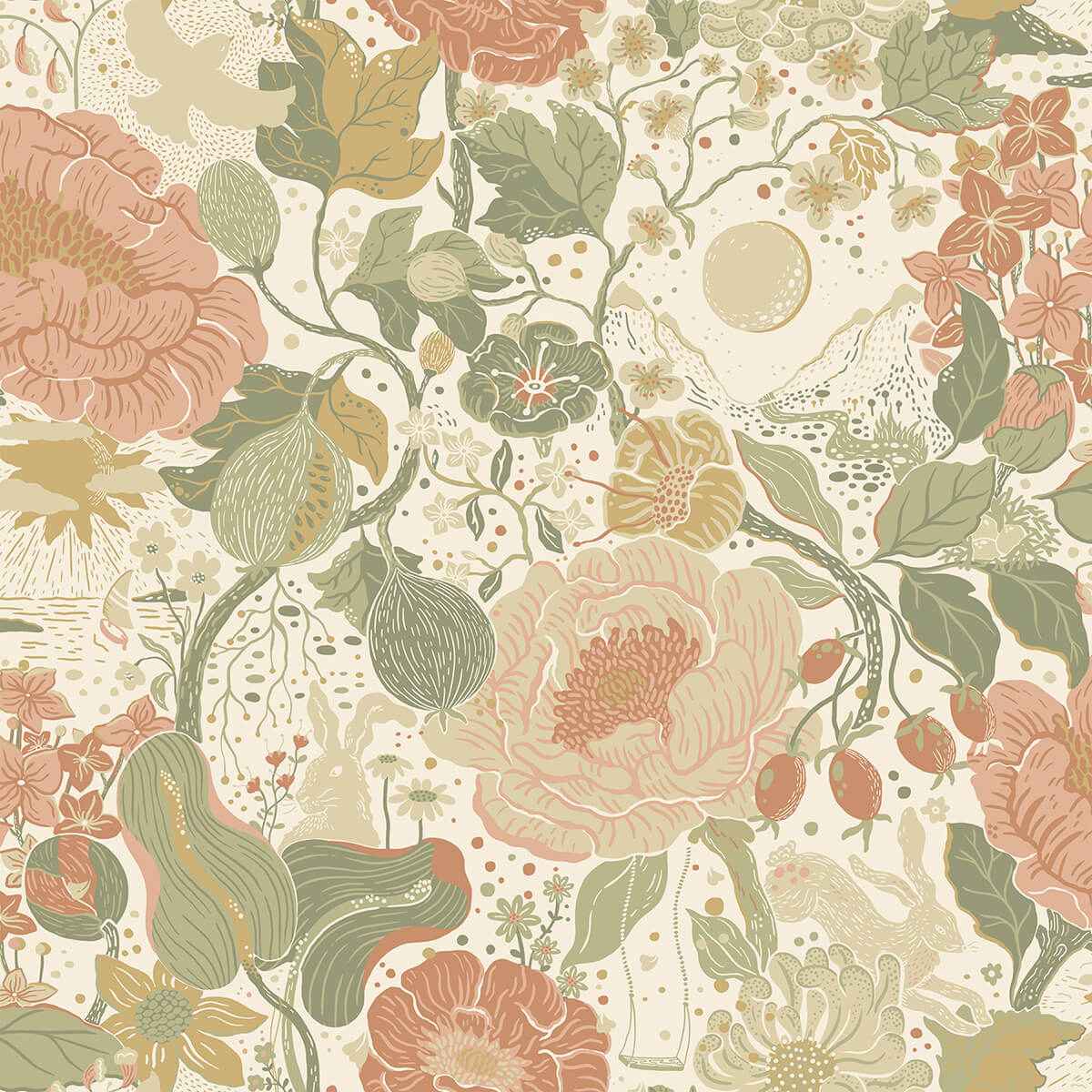 Växa Green Rabbits & Rosehips Wallpaper - York Wallcoverings - 4111-63012 - York Wallcoverings Wallpaper