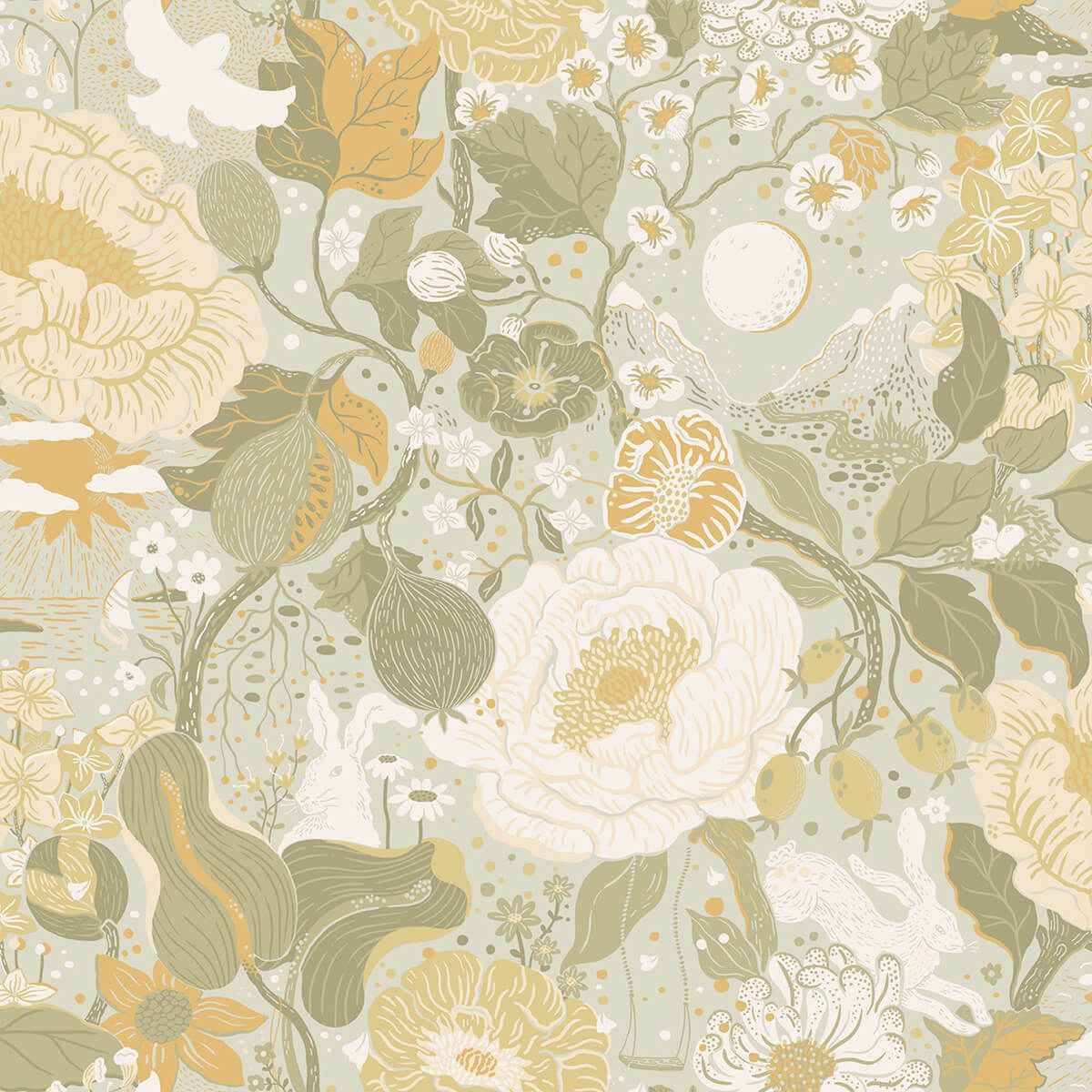 Växa Grey Rabbits & Rosehips Wallpaper - York Wallcoverings - 4111-63015 - York Wallcoverings Wallpaper