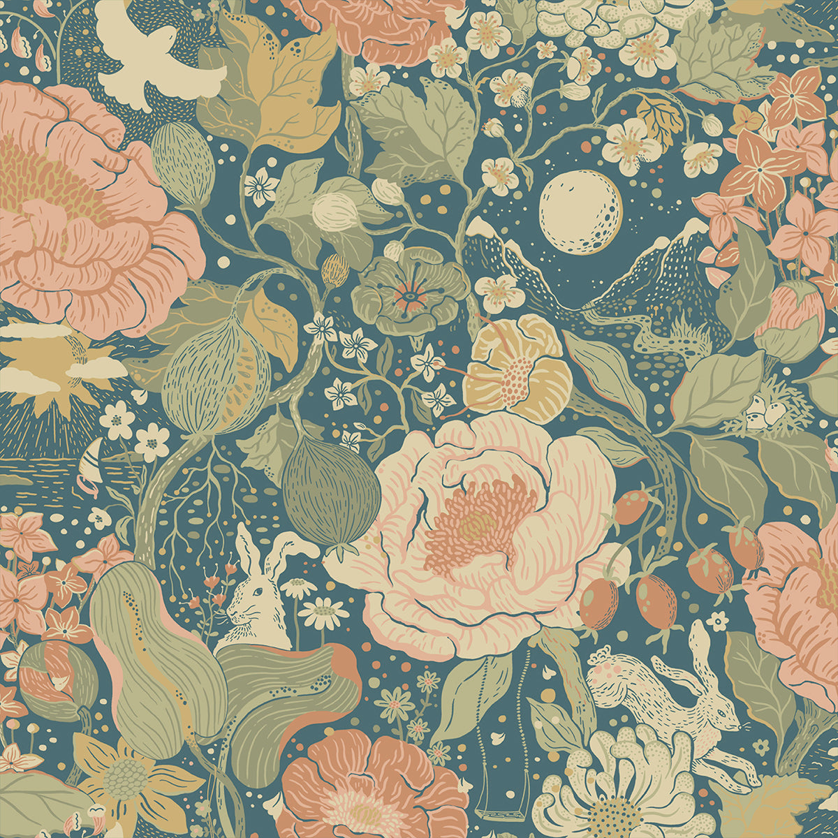 Picture of Växa Teal Rabbits & Rosehips Wallpaper