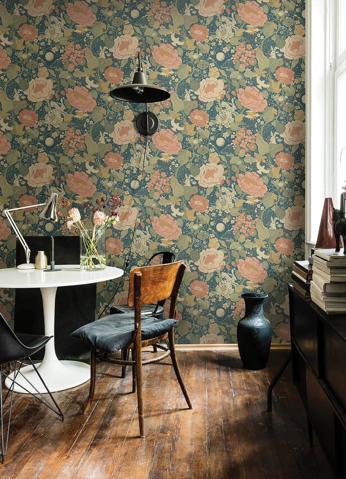 Växa Teal Rabbits & Rosehips Wallpaper  | Brewster Wallcovering - The WorkRm