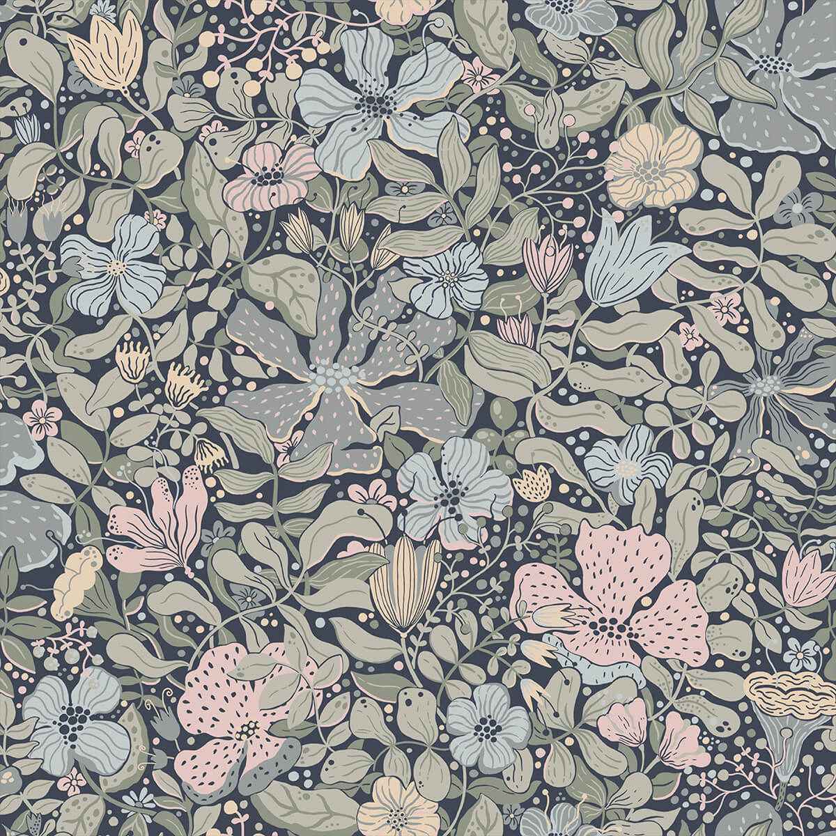 Midsommar Dark Blue Floral Medley Wallpaper - York Wallcoverings - 4111-63021 - York Wallcoverings Wallpaper