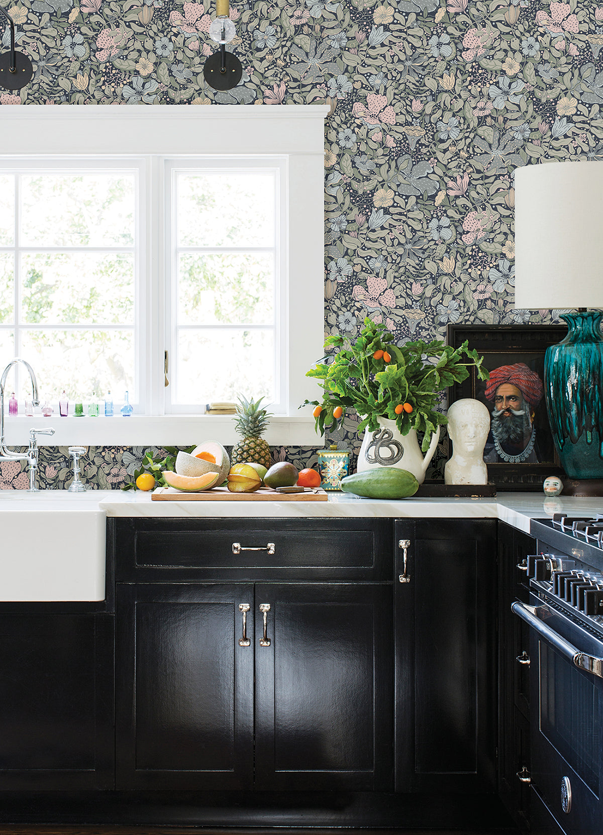 Midsommar Dark Blue Floral Medley Wallpaper - Brewster Wallcovering