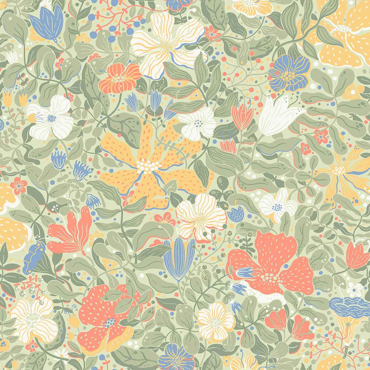 Midsommar Sage Floral Medley Wallpaper - York Wallcoverings - 4111-63018