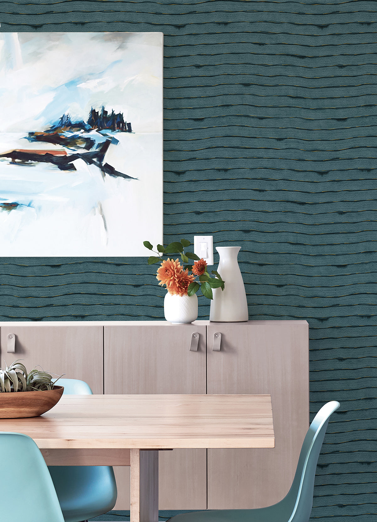 Naia Blue Horizontal Wavy Lines Wallpaper  | Brewster Wallcovering - The WorkRm