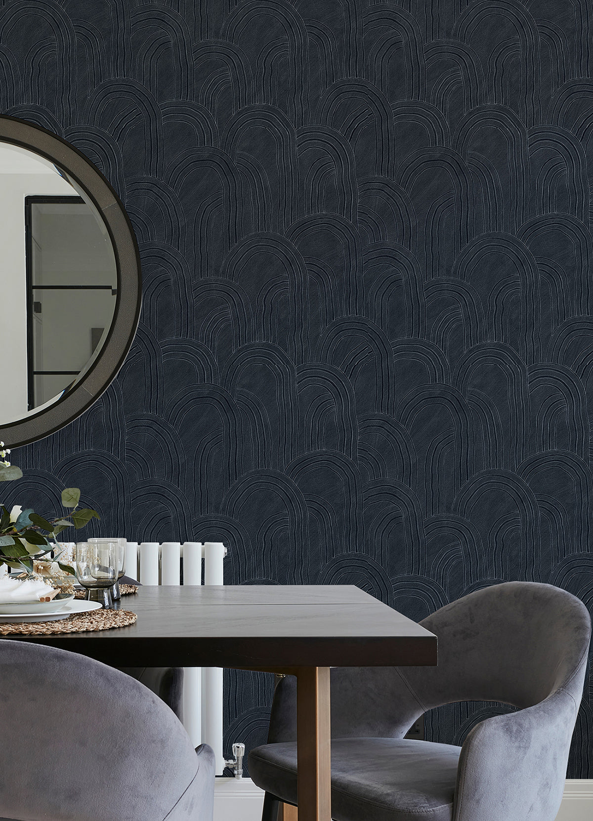 Cabo Indigo Rippled Arches Wallpaper  | Brewster Wallcovering - The WorkRm
