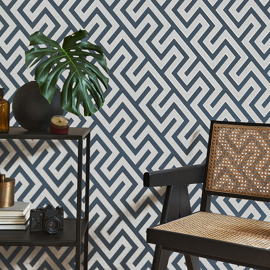 Meander Blue Geo Wallpaper - Brewster Wallcovering