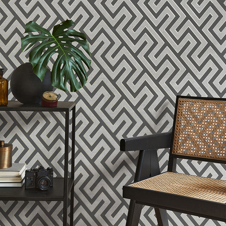 Meander Charcoal Geo Wallpaper - Brewster Wallcovering