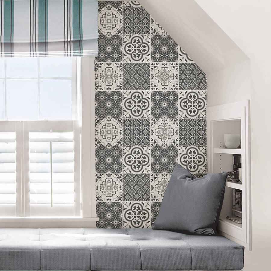 Charcoal Lisbon Tile Peel and Stick Wallpaper - York Wallcoverings - NHS4773 - York Wallcoverings Wallpaper