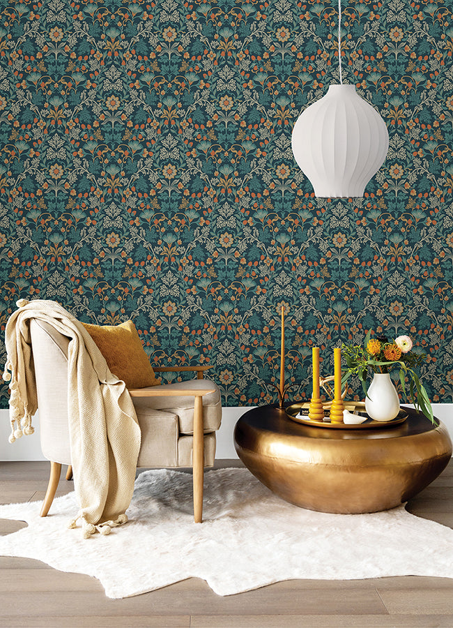 Lila Blue Strawberry Floral Wallpaper  | Brewster Wallcovering