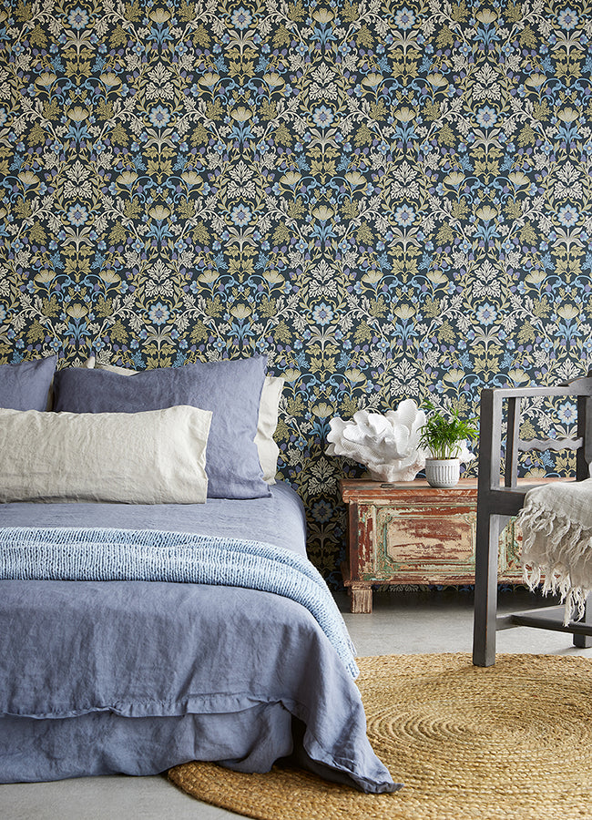 Lila Periwinkle Strawberry Floral Wallpaper  | Brewster Wallcovering