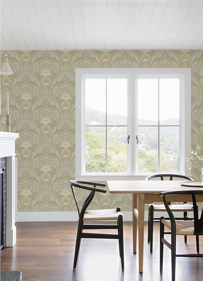 Nasrin Light Grey Damask Wallpaper - Brewster Wallcovering