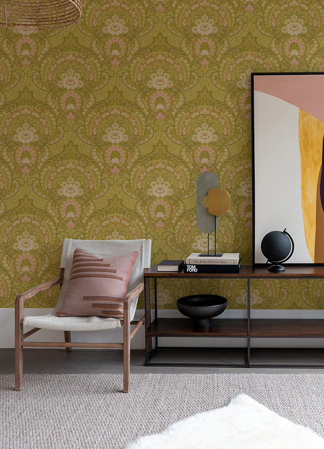 Nasrin Chartreuse Damask Wallpaper - Brewster Wallcovering