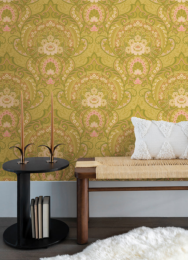 Nasrin Chartreuse Damask Wallpaper - Brewster Wallcovering