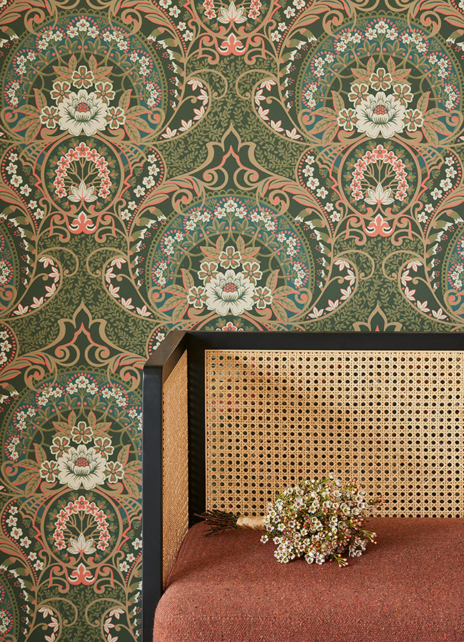 Nasrin Dark Green Damask Wallpaper - Brewster Wallcovering