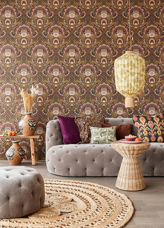 Nasrin Purple Damask Wallpaper - Brewster Wallcovering