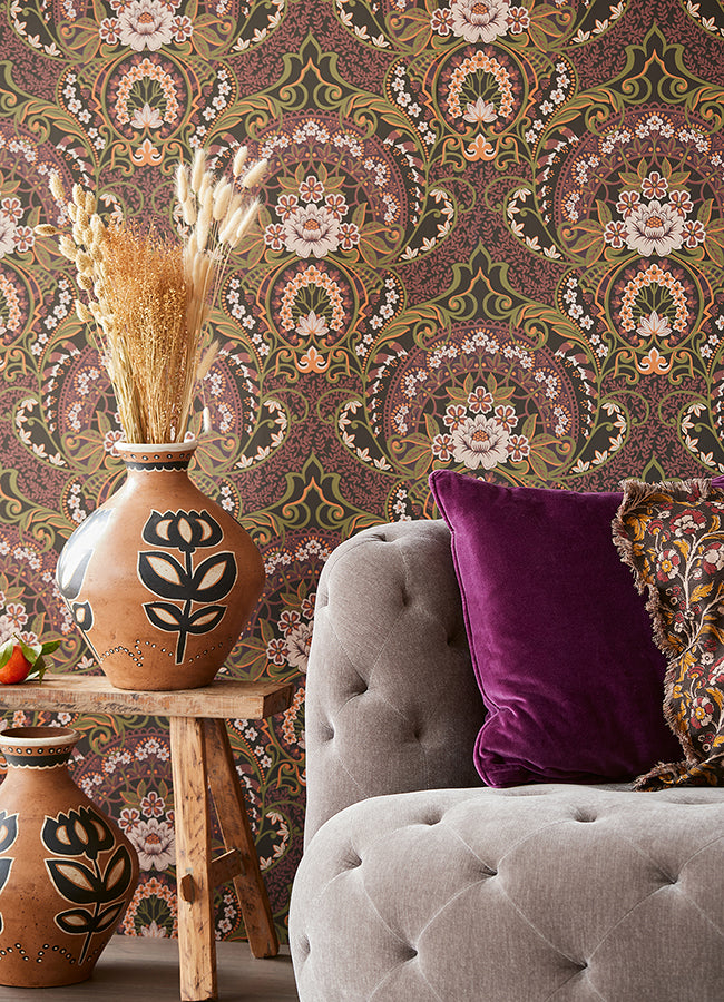 Nasrin Purple Damask Wallpaper - Brewster Wallcovering