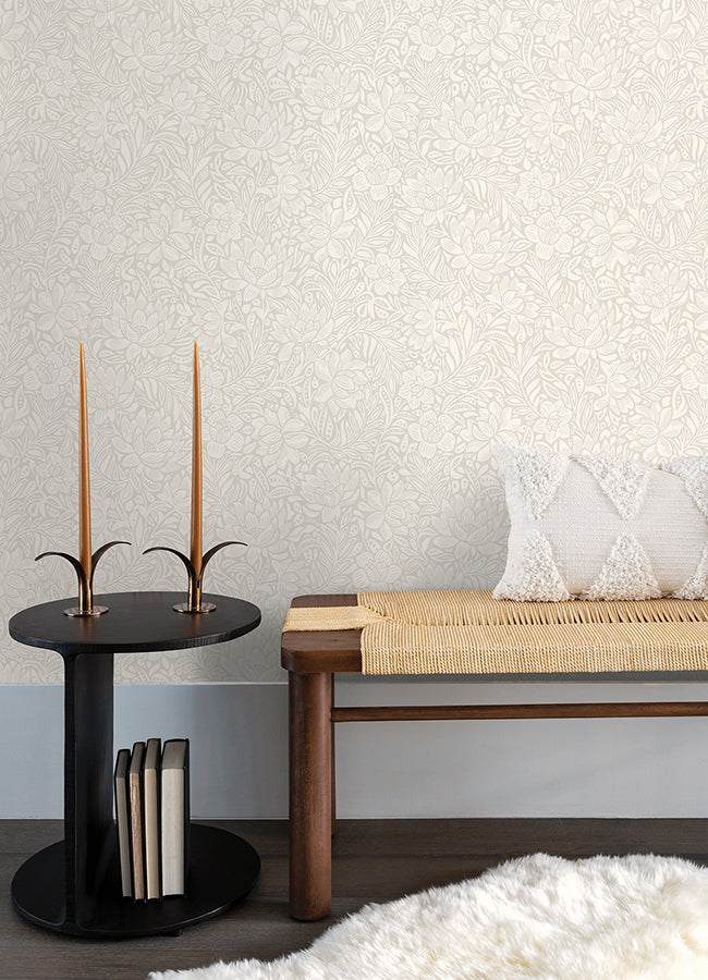 Zahara Light Grey Floral Wallpaper  | Brewster Wallcovering
