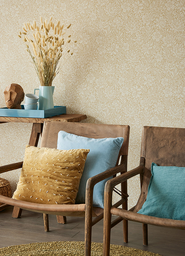 Zahara Wheat Floral Wallpaper - Brewster Wallcovering