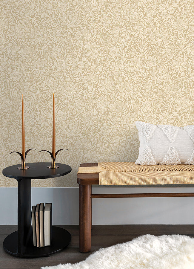 Zahara Wheat Floral Wallpaper  | Brewster Wallcovering