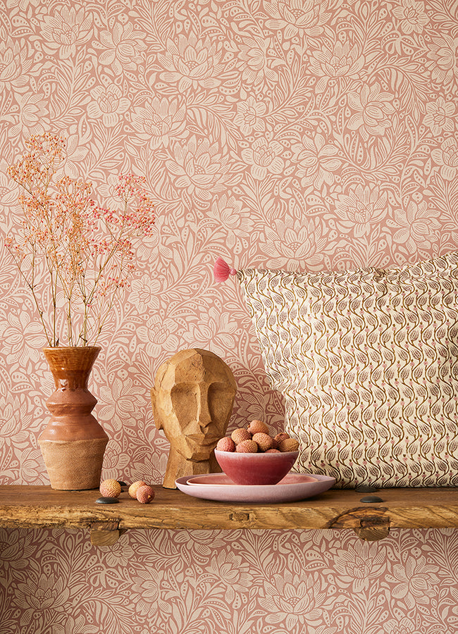 Zahara Coral Floral Wallpaper  | Brewster Wallcovering
