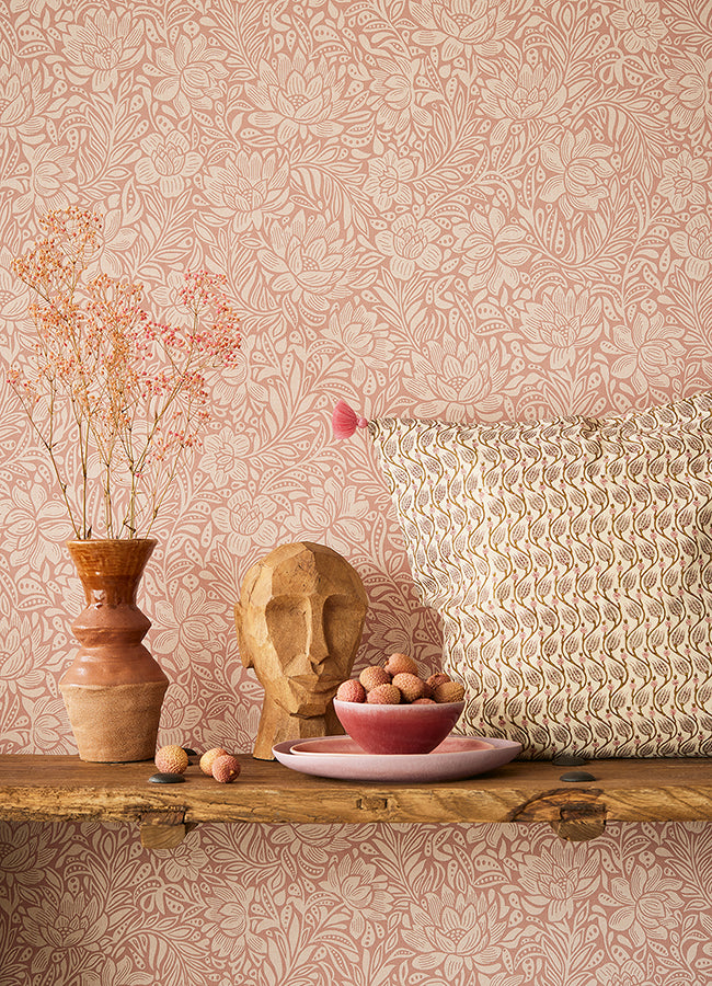 Zahara Coral Floral Wallpaper - Brewster Wallcovering